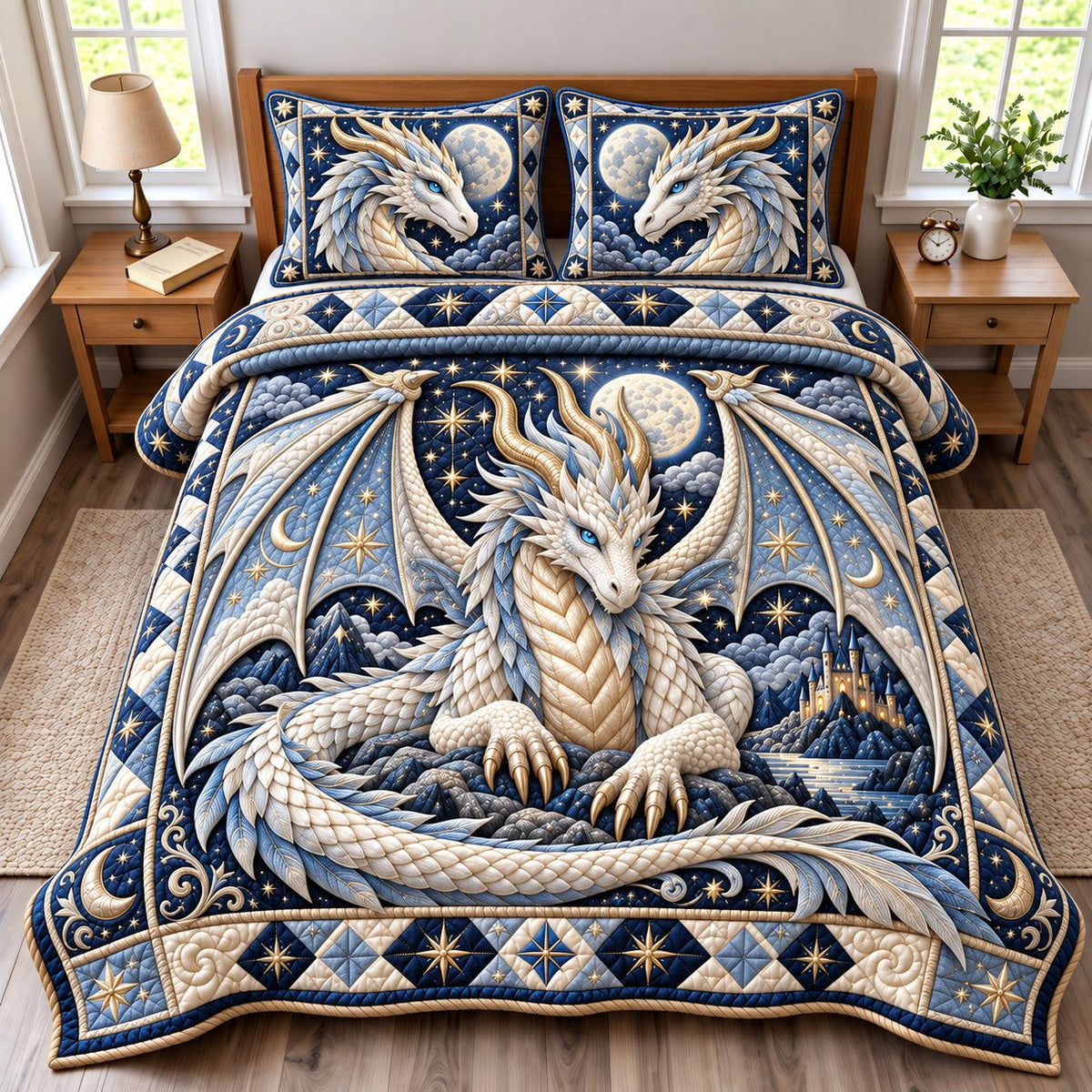 White Dragon quilted 3-piece bedding set on a made bed with two matching pillow shams