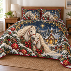 White Horse Snow Chapel printed Christmas quilt and two matching pillow shams; design mockup showing a flat printed depth effect.