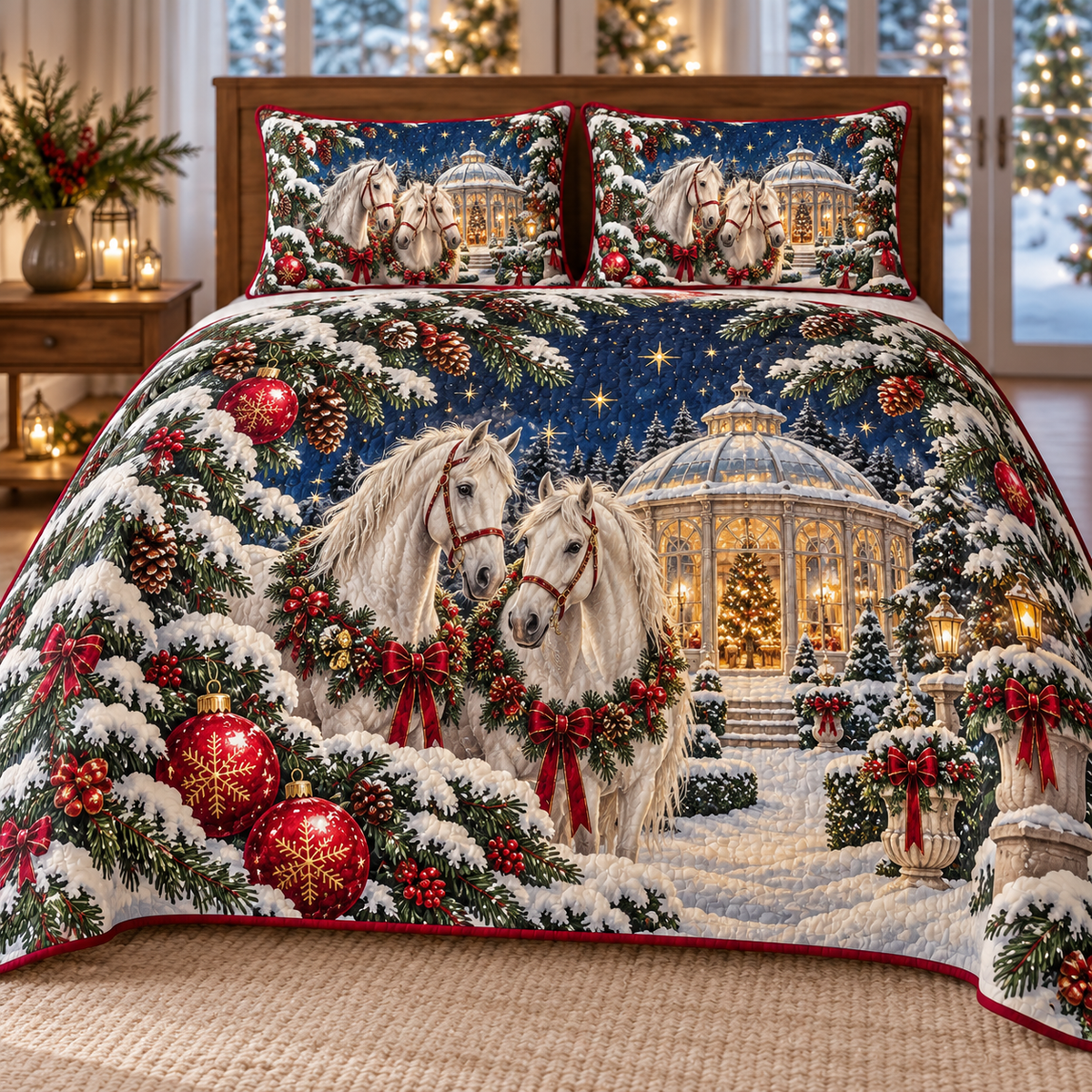 White Horse Winter Glass Pavilion printed Christmas quilt and two matching pillow shams; design mockup showing a flat printed depth effect.