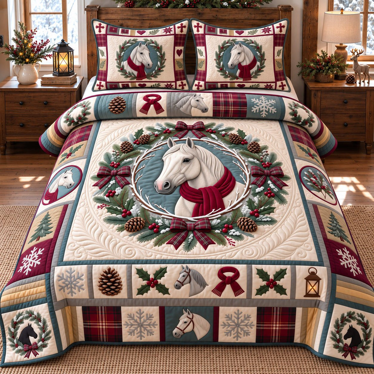 White Horse Wreath quilted 3-piece bedding set on a made bed in a rustic timber bedroom