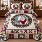 White Horse Wreath quilted 3-piece bedding set on a made bed in a rustic timber bedroom