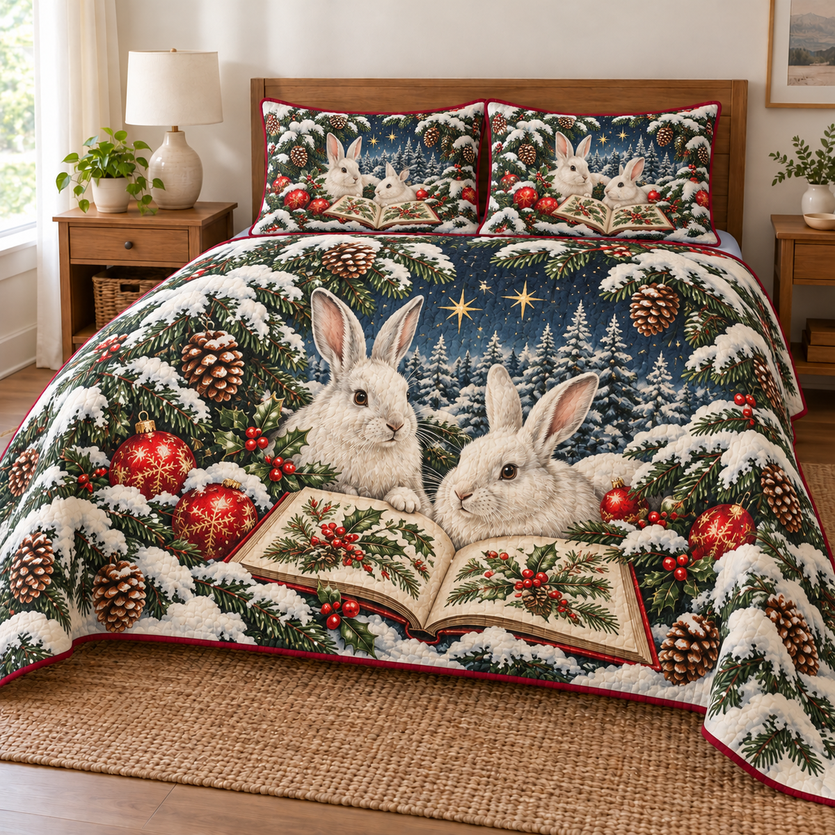 White Rabbit Winter Storybook printed Christmas quilt and two matching pillow shams; design mockup showing a flat printed depth effect.