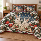 White Rabbit Winter Storybook printed Christmas quilt and two matching pillow shams; design mockup showing a flat printed depth effect.