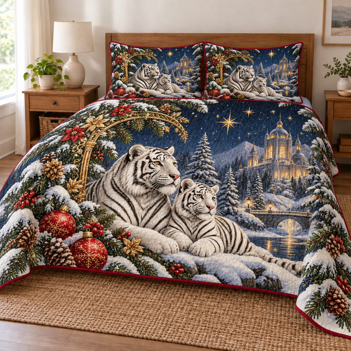 White Tiger Winter Temple printed Christmas quilt and two matching pillow shams; design mockup showing a flat printed depth effect.