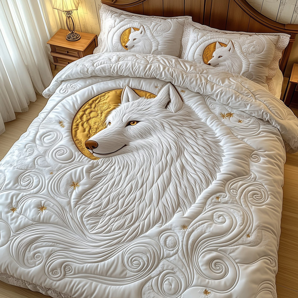 White Wolf Crescent Gold quilted 3-piece bedding set on a made bed with two matching pillow shams