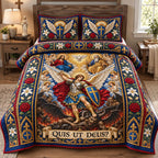 Who Is Like God quilted 3-piece bedding set on a made bed in a softly lit bedroom