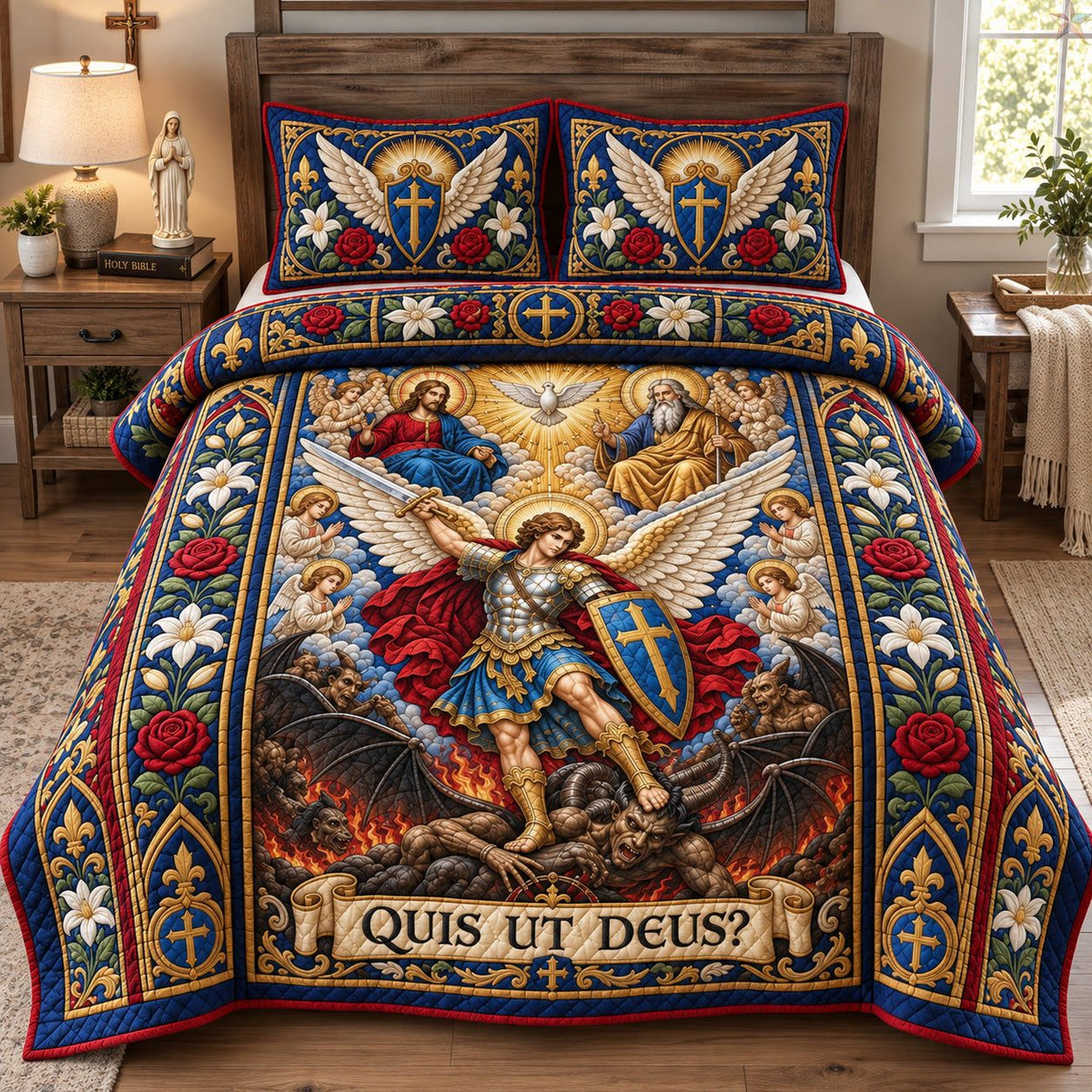 Who Is Like God quilted 3-piece bedding set on a made bed in a softly lit bedroom