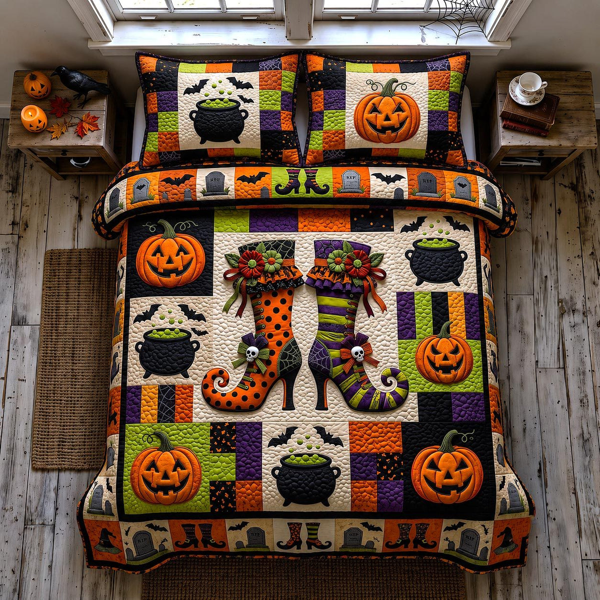 Wicked Magical Boots Cauldron quilted 3-piece bedding set on a made bed against a dark styled interior