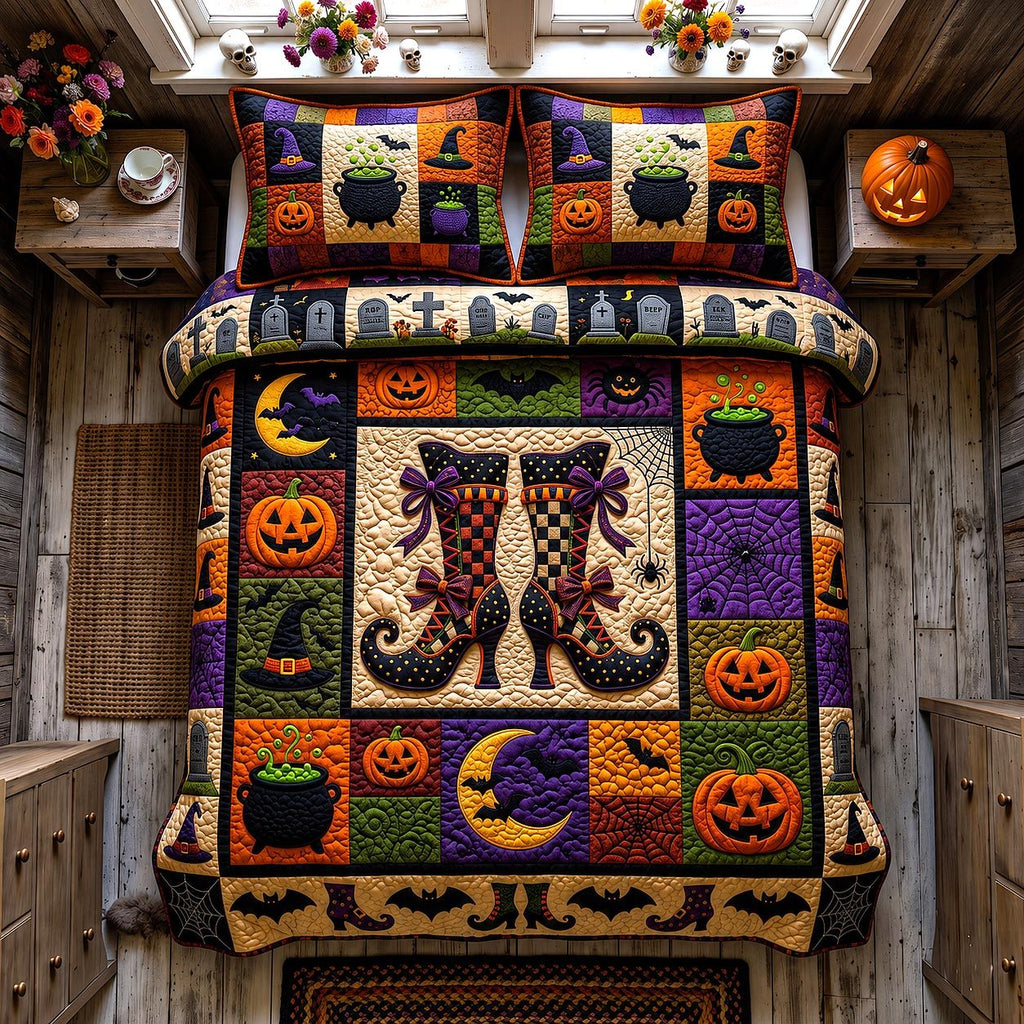 Wicked Magical Boots Pumpkins quilted 3-piece bedding set on a made bed against a dark styled interior