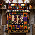 Wicked Magical Boots Pumpkins quilted 3-piece bedding set on a made bed against a dark styled interior