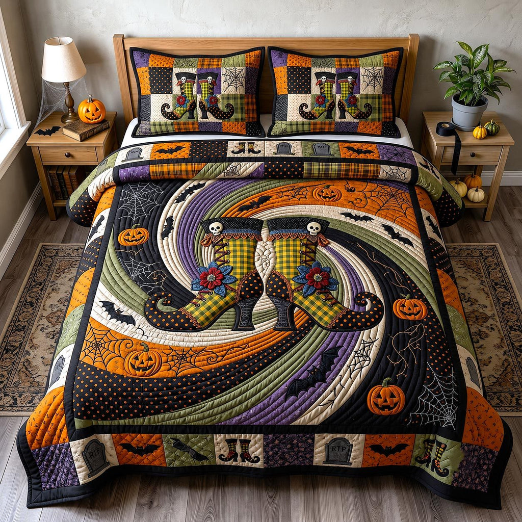 Wicked Magical Boots Swirl quilted 3-piece bedding set on a made bed in a rustic timber bedroom