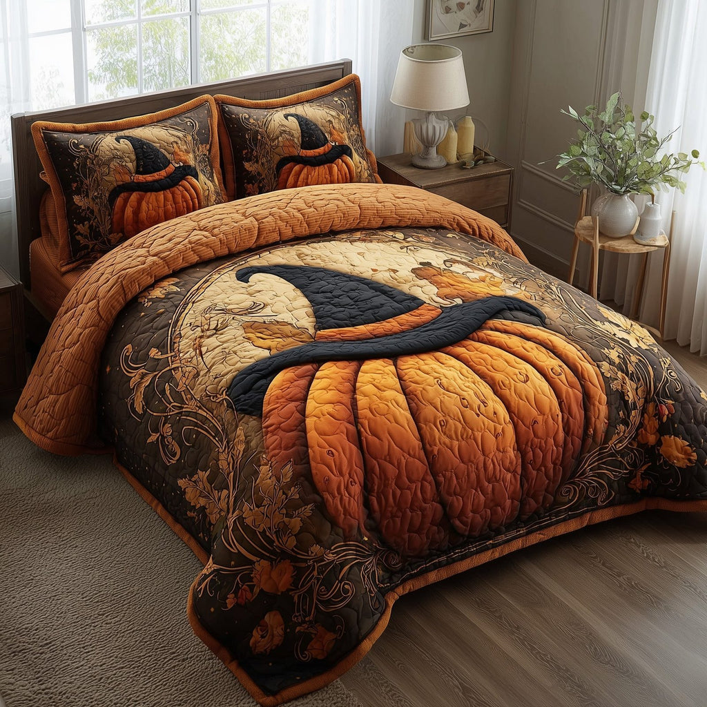 Wicked Pumpkin Glow Bat quilted 3-piece bedding set on a made bed against a dark styled interior