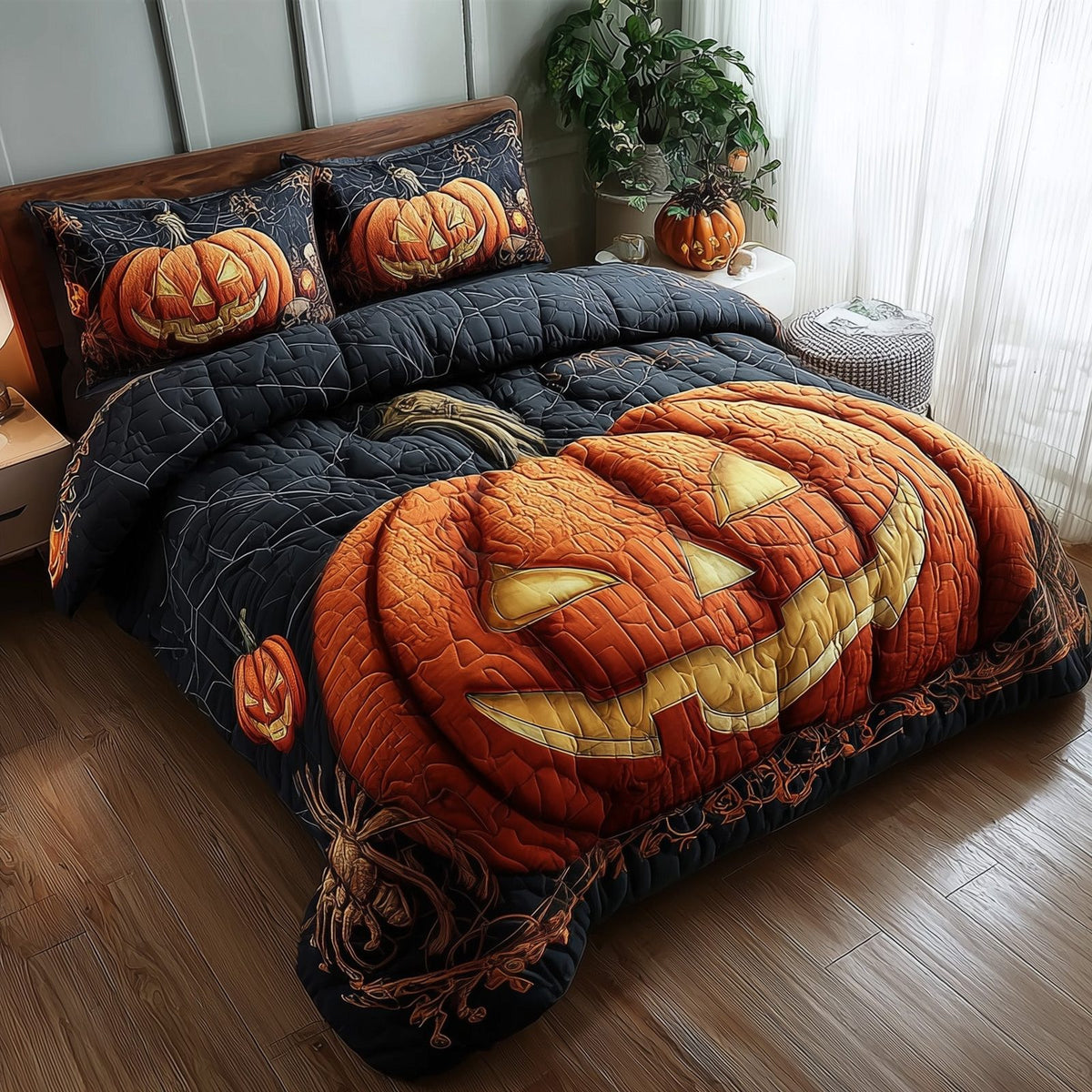 Wicked Pumpkin Glow Cream quilted 3-piece bedding set on a made bed against a dark styled interior