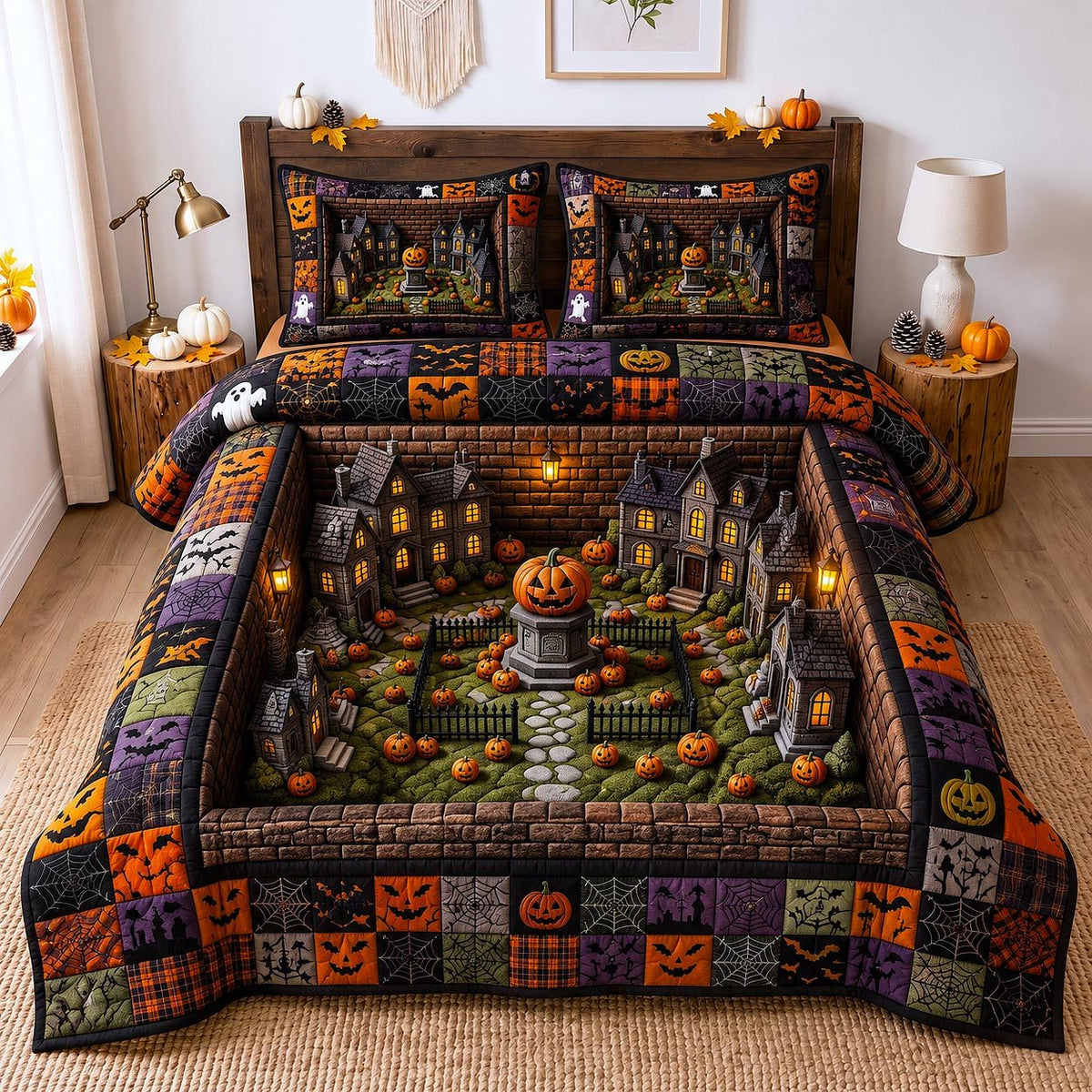 Wicked Village Path quilted 3-piece bedding set on a made bed with two matching pillow shams