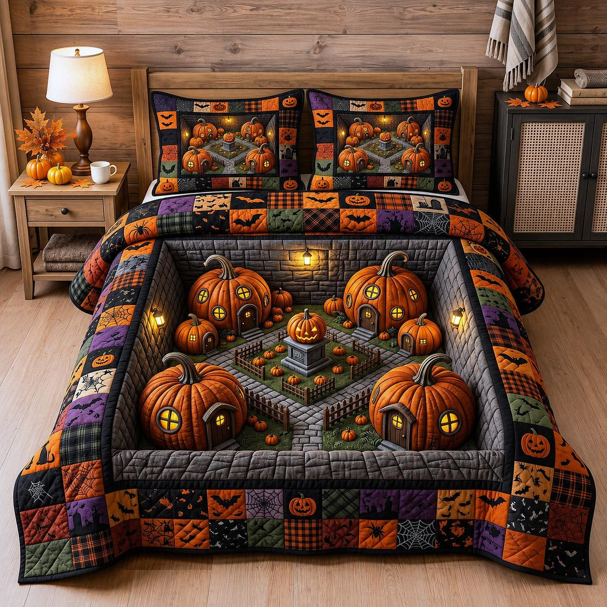Wicked Village Pumpkins quilted 3-piece bedding set on a made bed against a dark styled interior