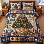 Wicker Basket Christmas Tree quilted 3-piece bedding set on a made bed in a winter-styled bedroom