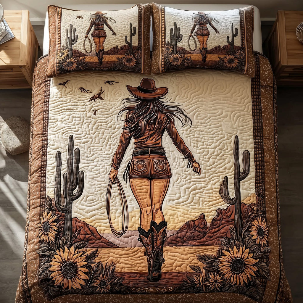 Wild And Free Cactus quilted 3-piece bedding set on a made bed with two matching pillow shams