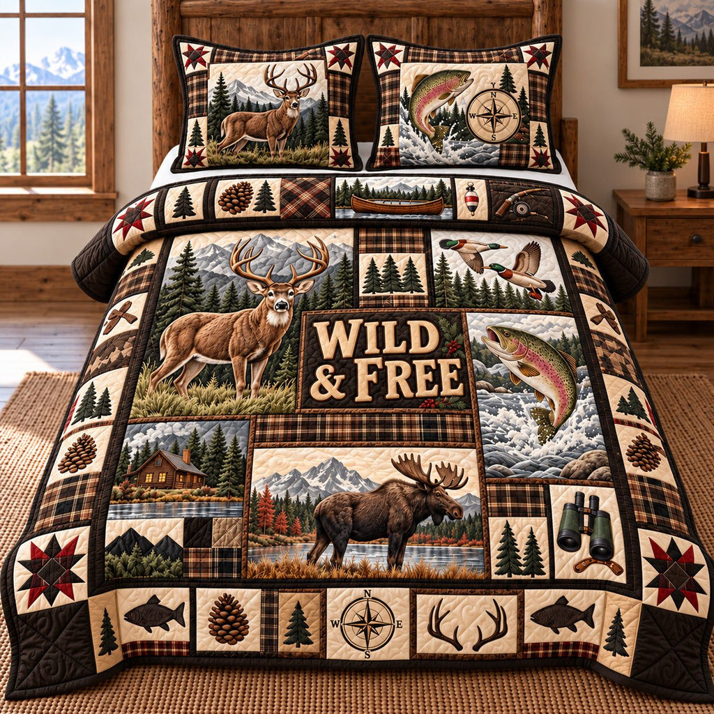 Wild And Free Moose quilted 3-piece bedding set on a made bed with two matching pillow shams
