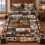 Wild And Free Moose quilted 3-piece bedding set on a made bed with two matching pillow shams
