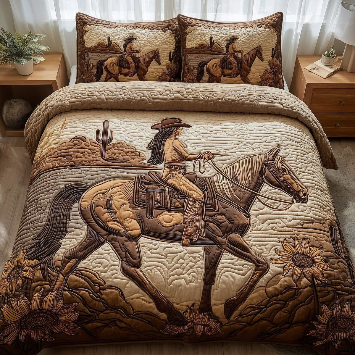 Wild And Free Rider quilted 3-piece bedding set on a made bed with two matching pillow shams