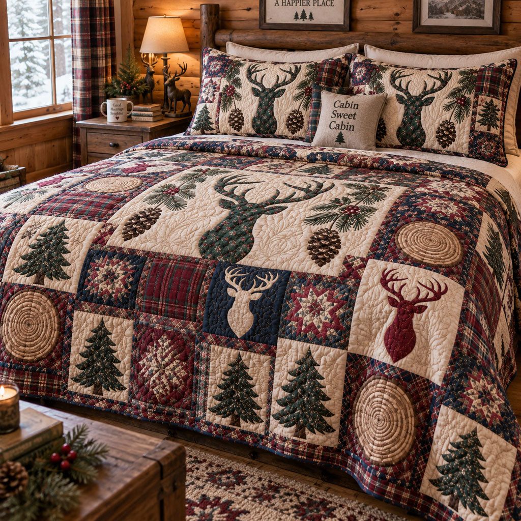 Wild Antler Horizon quilted 3-piece bedding set on a made bed with two matching pillow shams