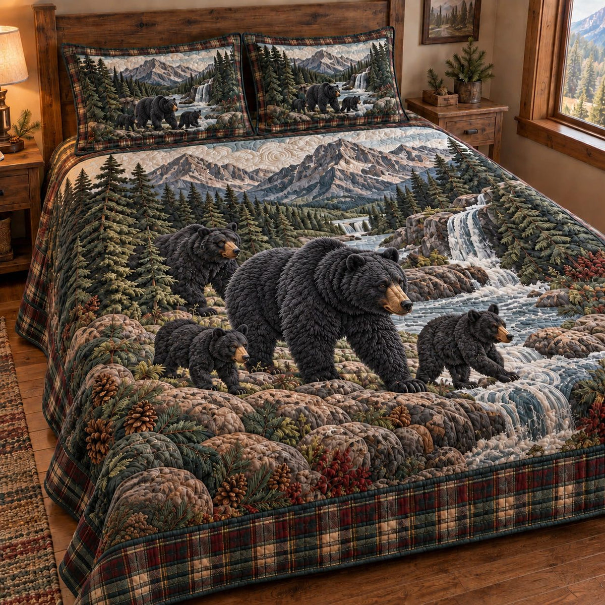 Wild Bear Retreat quilted 3-piece bedding set on a made bed with two matching pillow shams