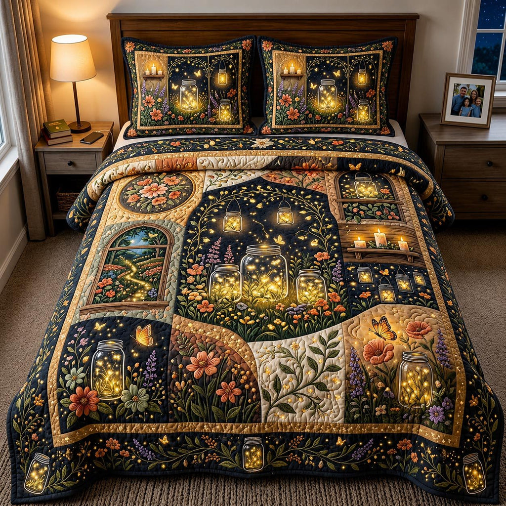 Wild Bloom Night quilted 3-piece bedding set on a made bed with two matching pillow shams