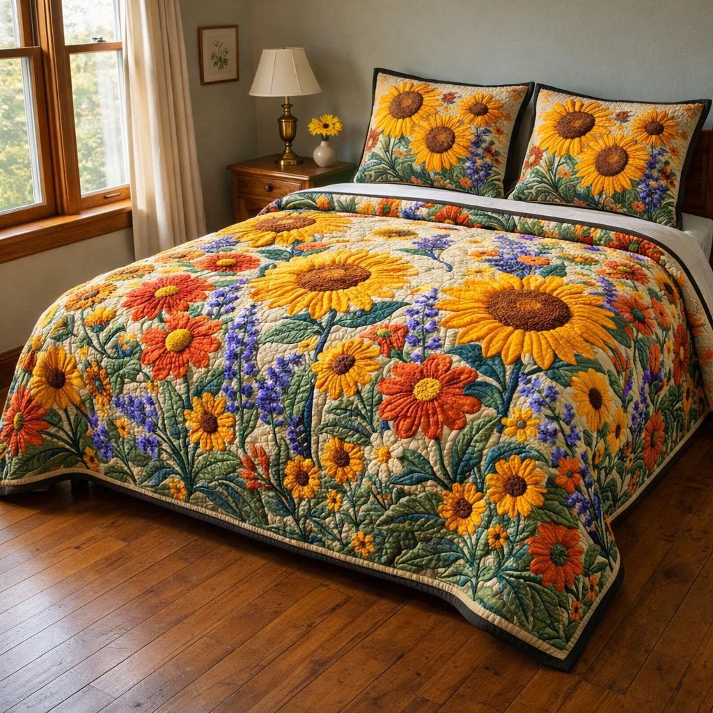 Wild Bloom Sunflowers quilted 3-piece bedding set on a made bed with two matching pillow shams