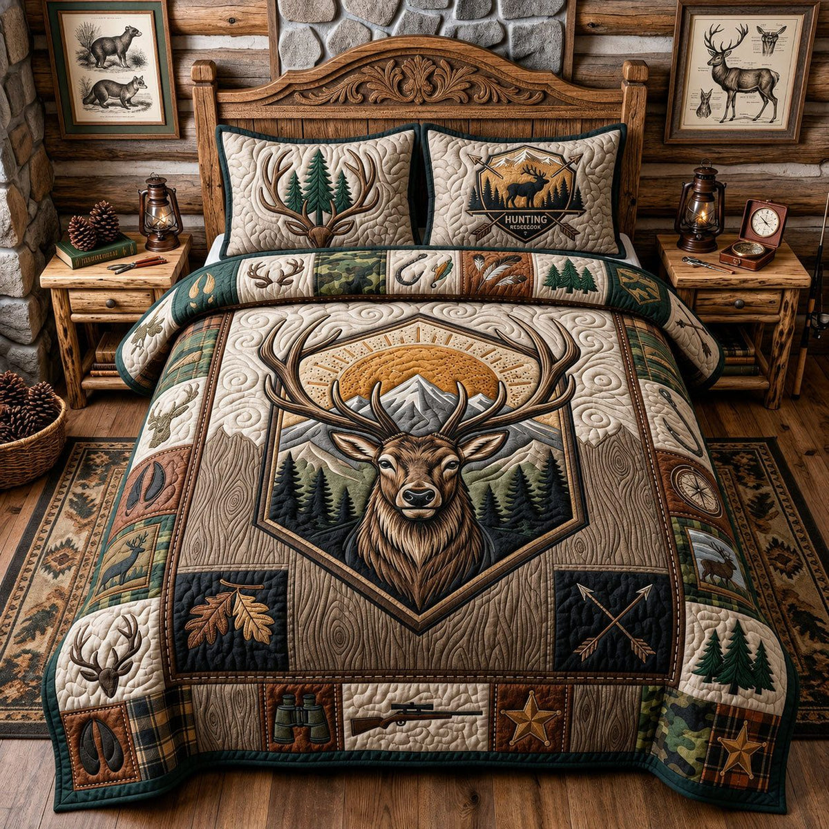 Wild Buck Cream quilted 3-piece bedding set on a made bed with two matching pillow shams