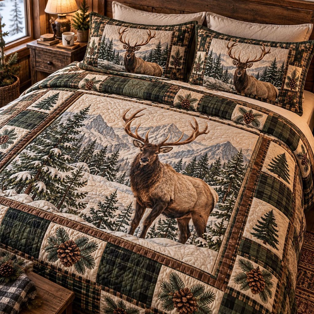 Wild Elk Heritage quilted 3-piece bedding set on a made bed in a farmhouse bedroom