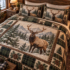 Wild Elk Heritage quilted 3-piece bedding set on a made bed in a farmhouse bedroom