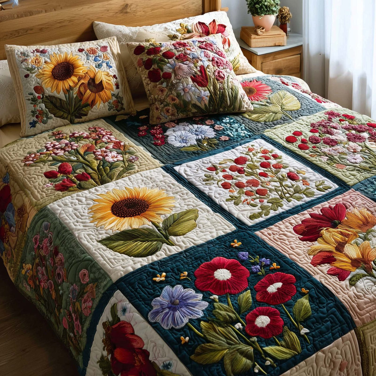 Wild Flora Cream quilted 3-piece bedding set on a made bed with two matching pillow shams