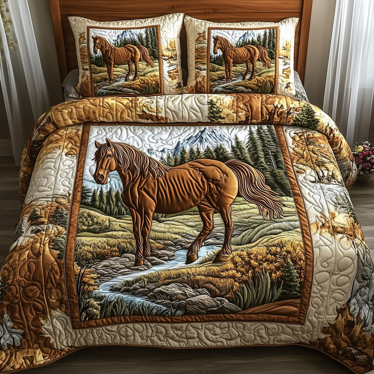 Wild Horse Cream quilted 3-piece bedding set on a made bed in a rustic timber bedroom