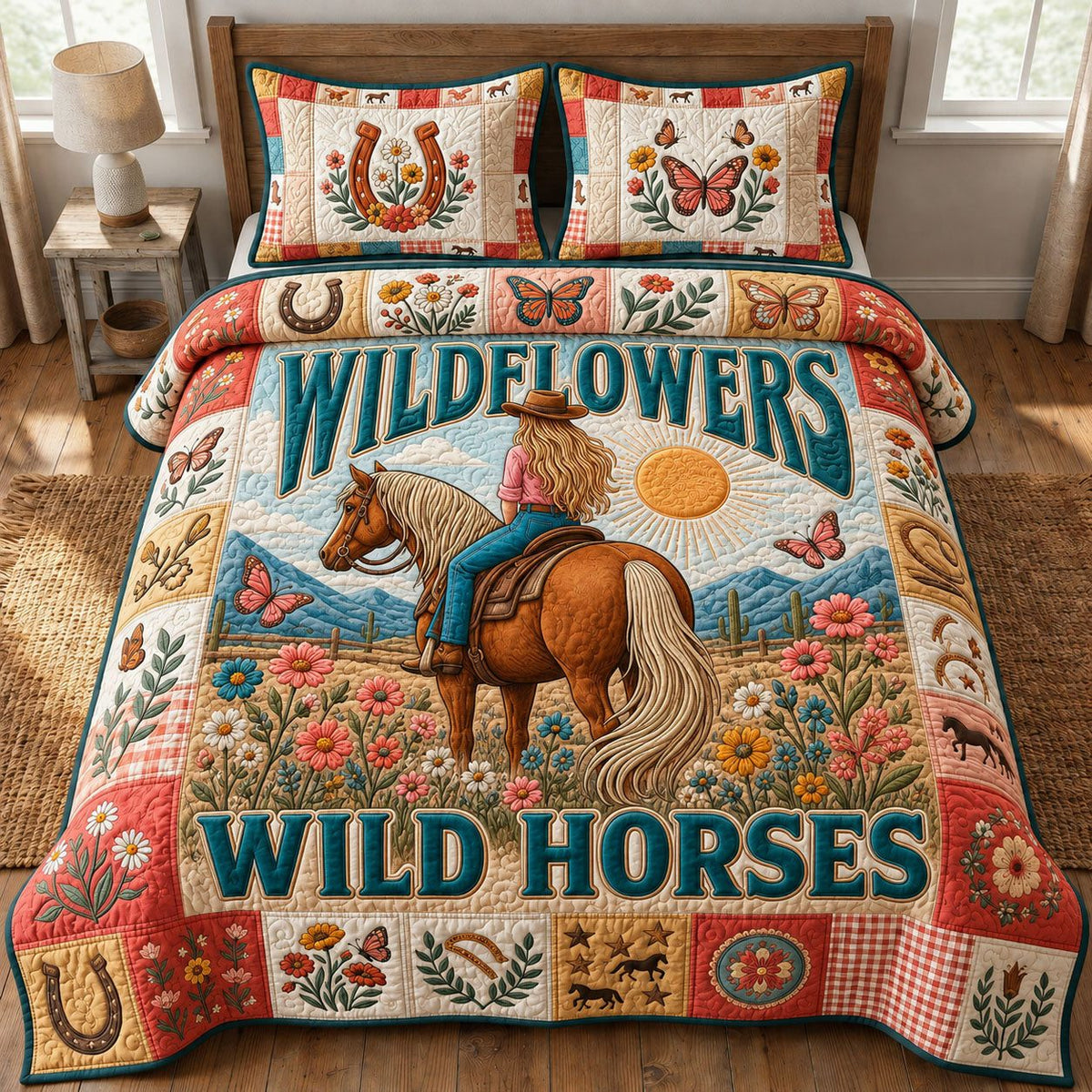 Wild Horses Wild Flowers Blue quilted 3-piece bedding set on a made bed in a rustic timber bedroom