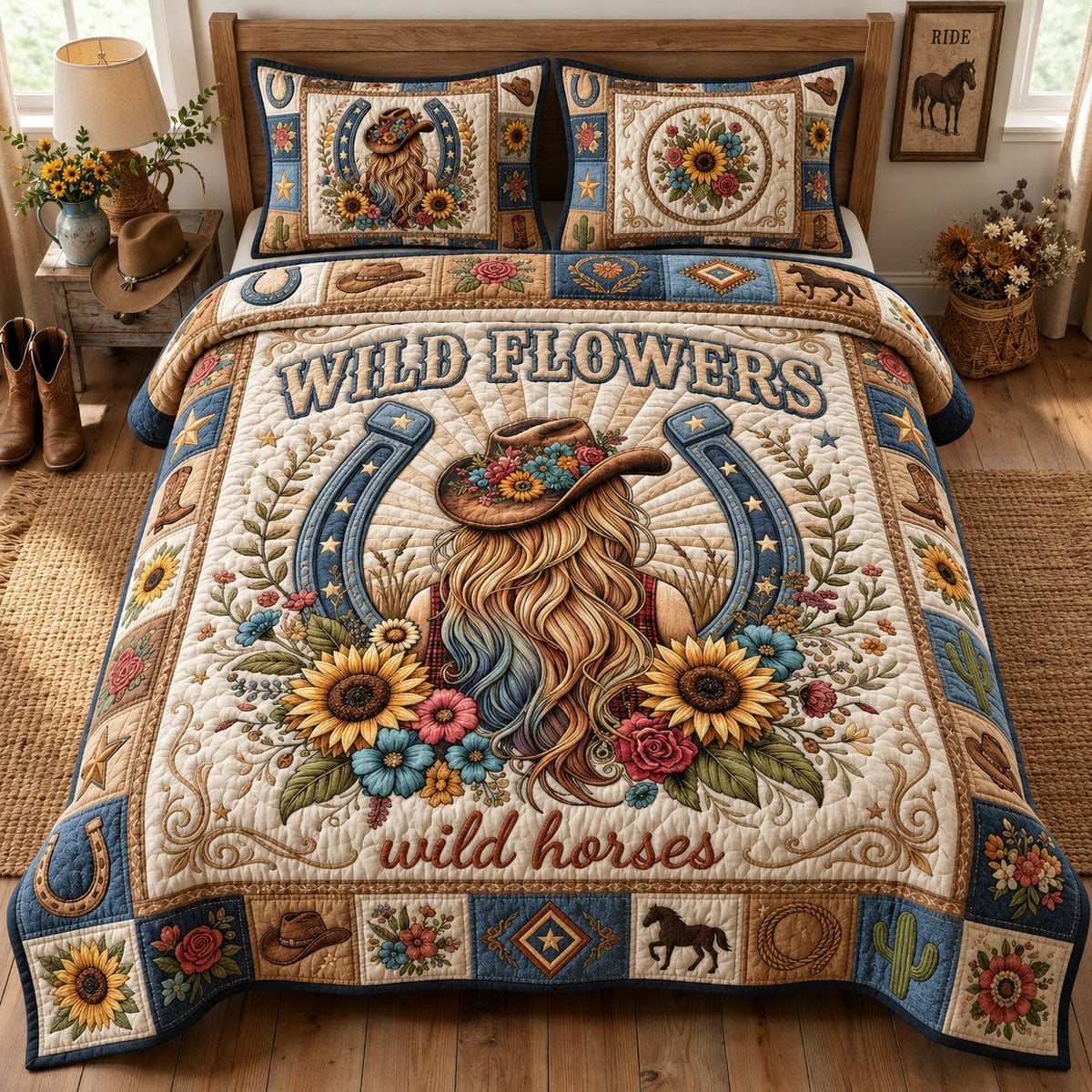 Wild Horses Wild Flowers Cream quilted 3-piece bedding set on a made bed in a rustic timber bedroom