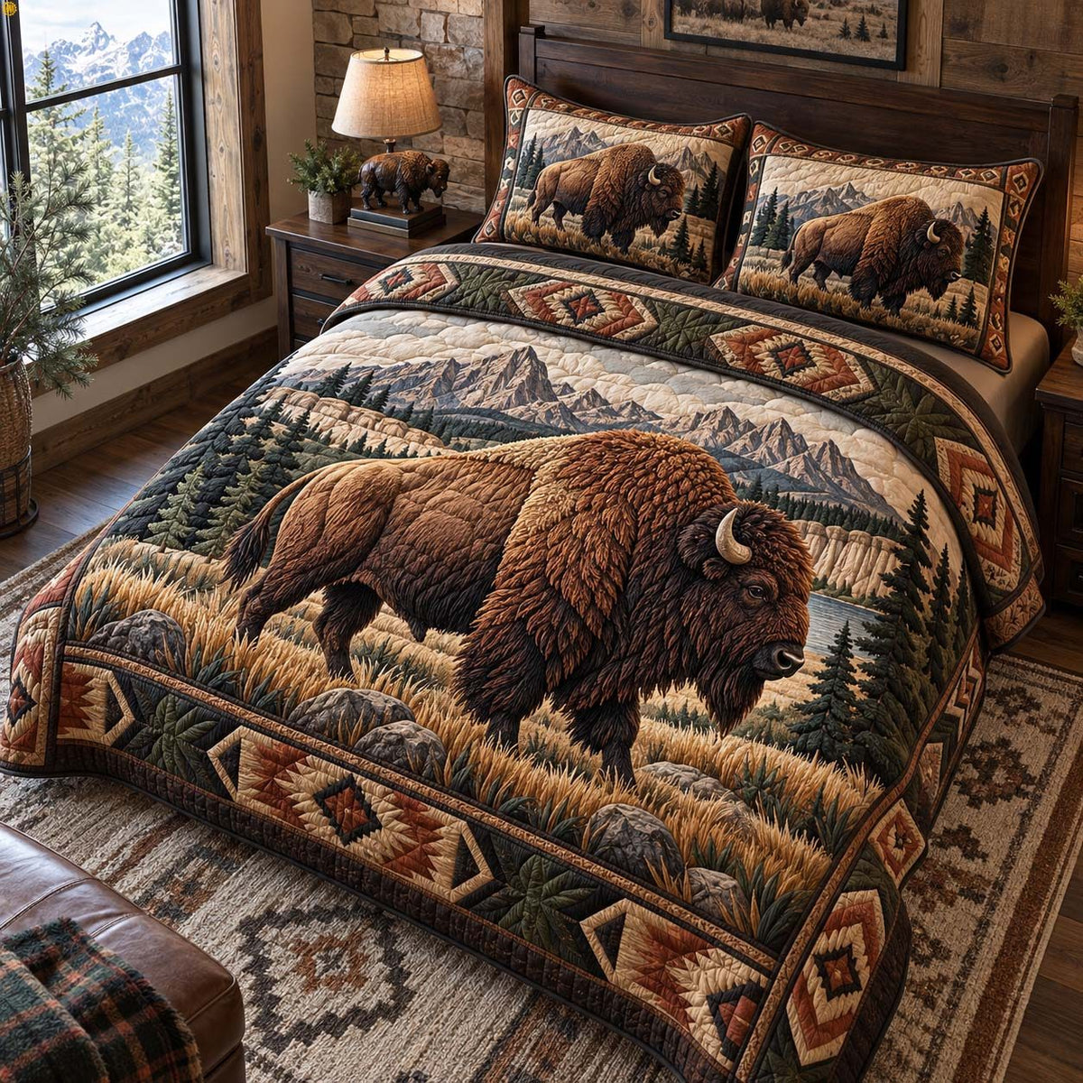 Wild Majesty quilted 3-piece bedding set on a made bed with two matching pillow shams