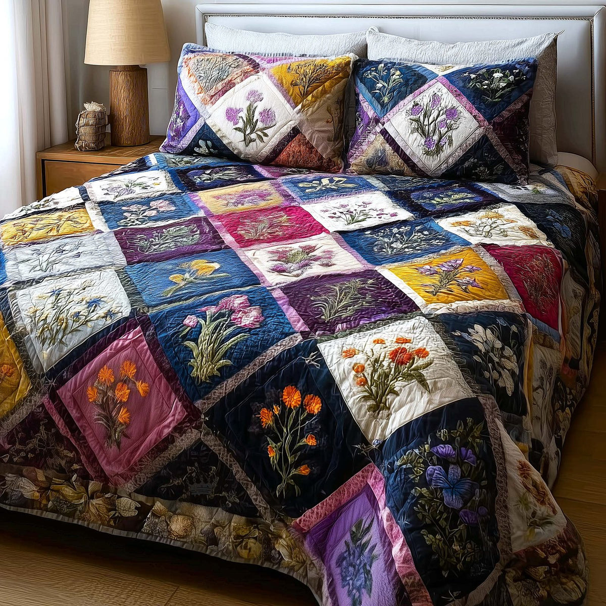 Wild Meadow Navy quilted 3-piece bedding set on a made bed in a warmly lit bedroom