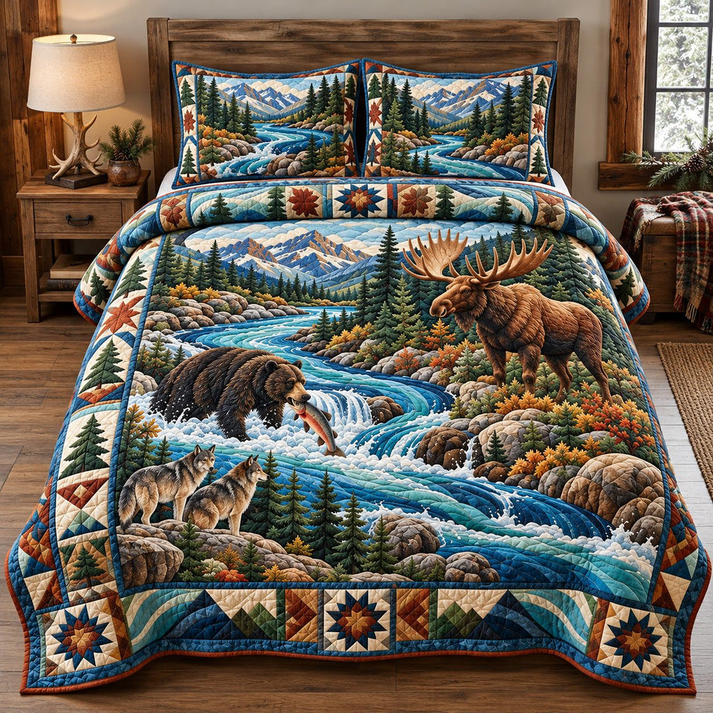 Wild Mountain River quilted 3-piece bedding set on a made bed with two matching pillow shams