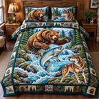 Wild River Adventure quilted 3-piece bedding set on a made bed in a winter-styled bedroom