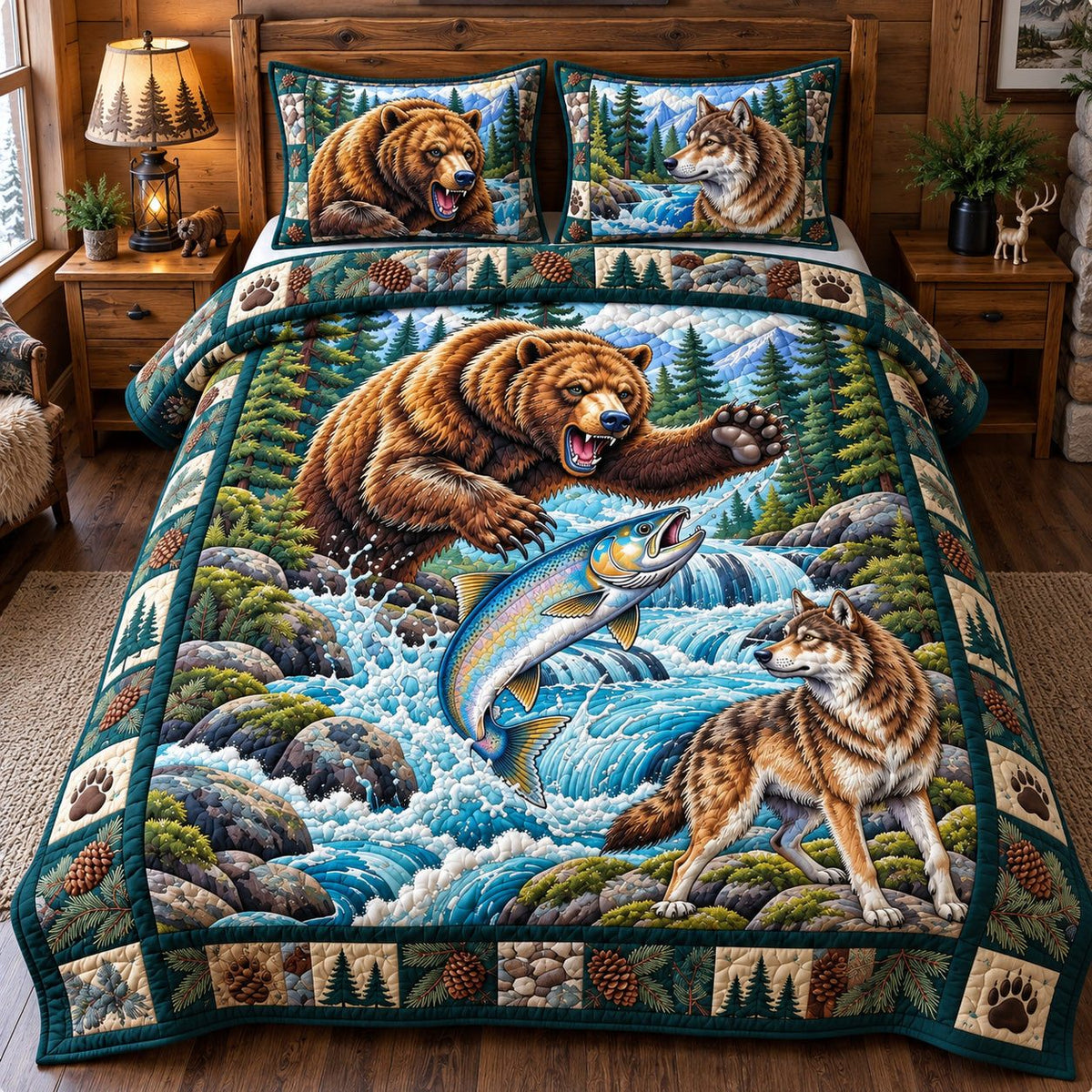 Wild River Adventure quilted 3-piece bedding set on a made bed in a winter-styled bedroom