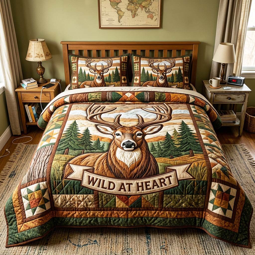 Wild Spirit Deer Heart quilted 3-piece bedding set on a made bed with two matching pillow shams