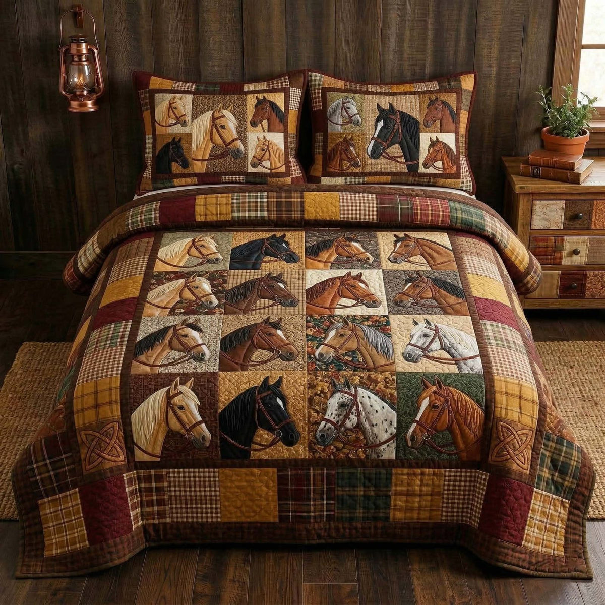 Wild Stallion Squares quilted 3-piece bedding set on a made bed in a rustic timber bedroom