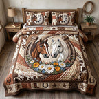 Wild West Horseshoe Pair quilted 3-piece bedding set on a made bed with two matching pillow shams