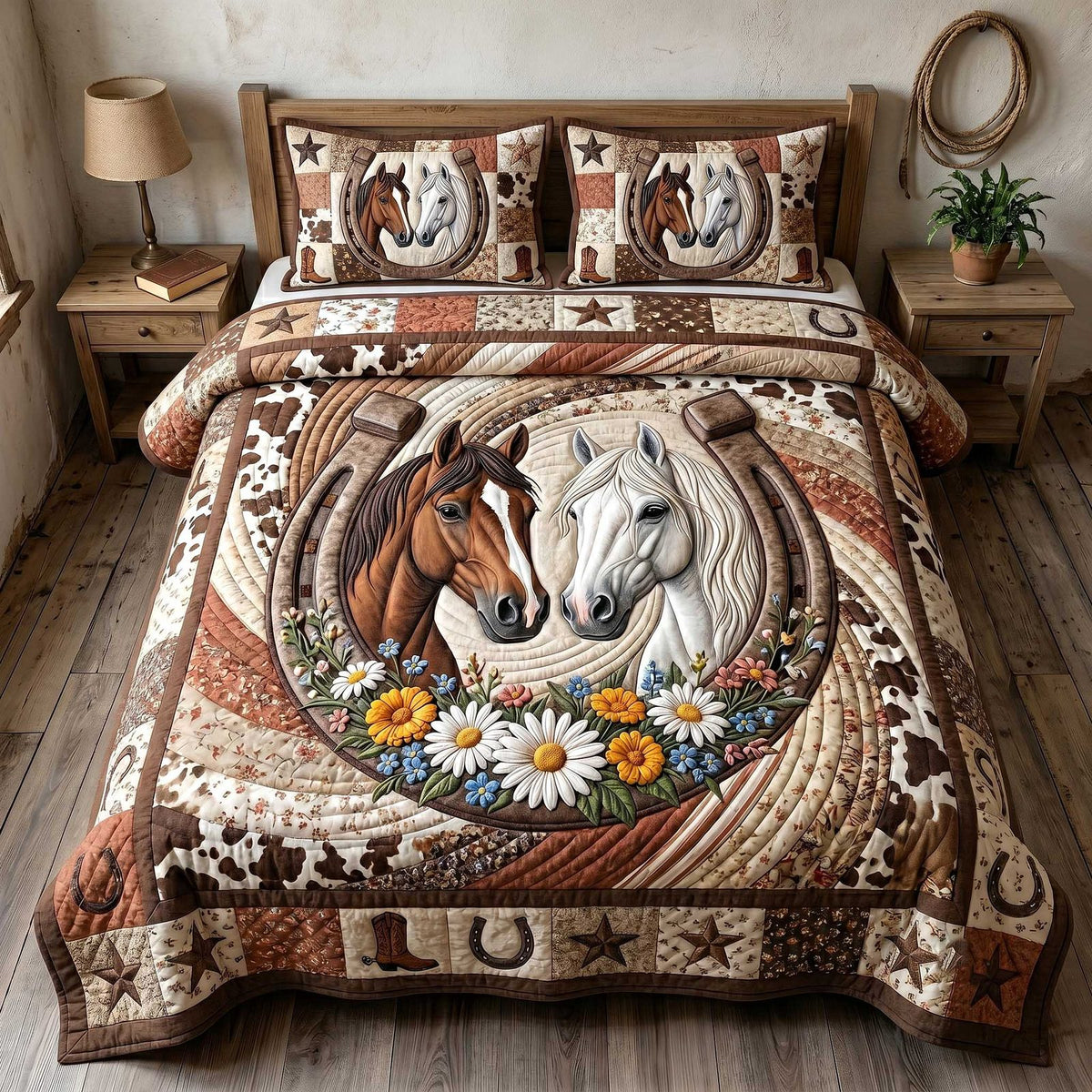 Wild West Horseshoe Pair quilted 3-piece bedding set on a made bed with two matching pillow shams