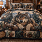 Wild Wolf Sanctuary quilted 3-piece bedding set on a made bed with two matching pillow shams