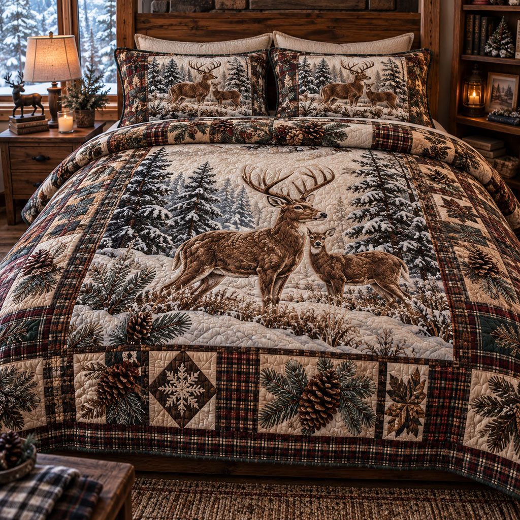 Wilderness Antler Legacy quilted 3-piece bedding set on a made bed with two matching pillow shams