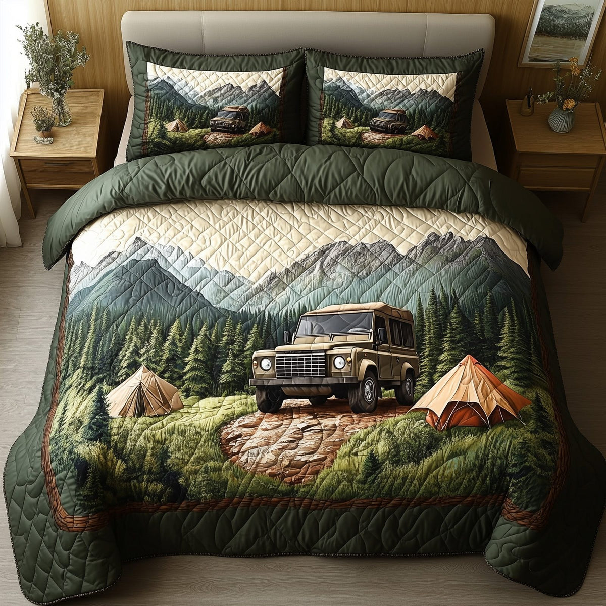 Wilderness Wander Truck quilted 3-piece bedding set on a made bed with two matching pillow shams