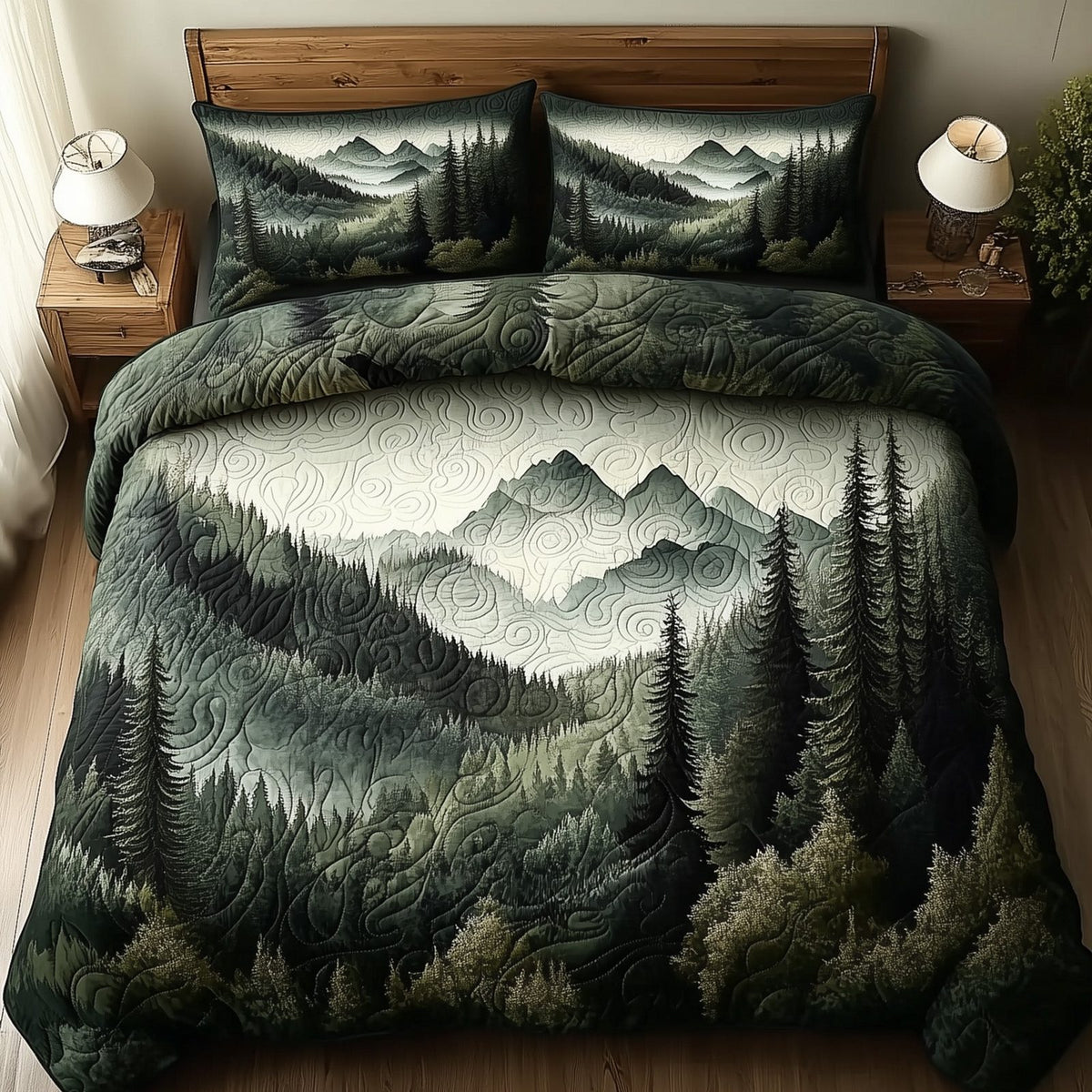 Wildernest Dreams Dark quilted 3-piece bedding set on a made bed with two matching pillow shams