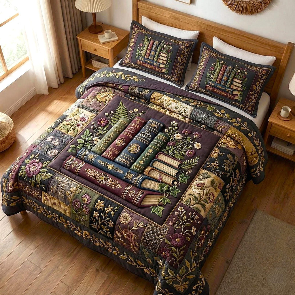 Wildflower Books Dark quilted 3-piece bedding set on a made bed with two matching pillow shams