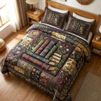 Wildflower Books Dark quilted 3-piece bedding set on a made bed with two matching pillow shams